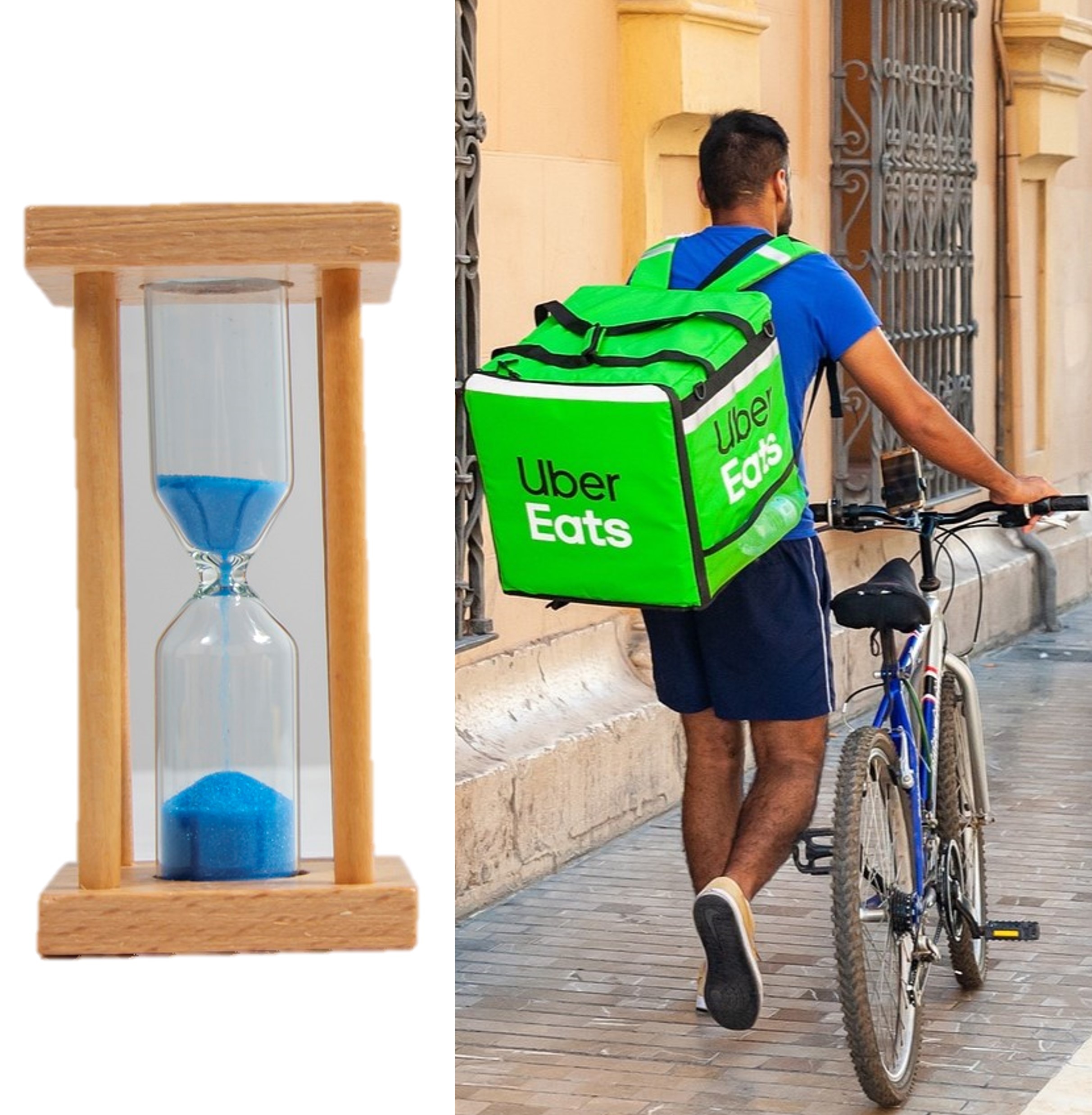 Ein Bild mit einer Sanduhr und einem Fahrradkurier