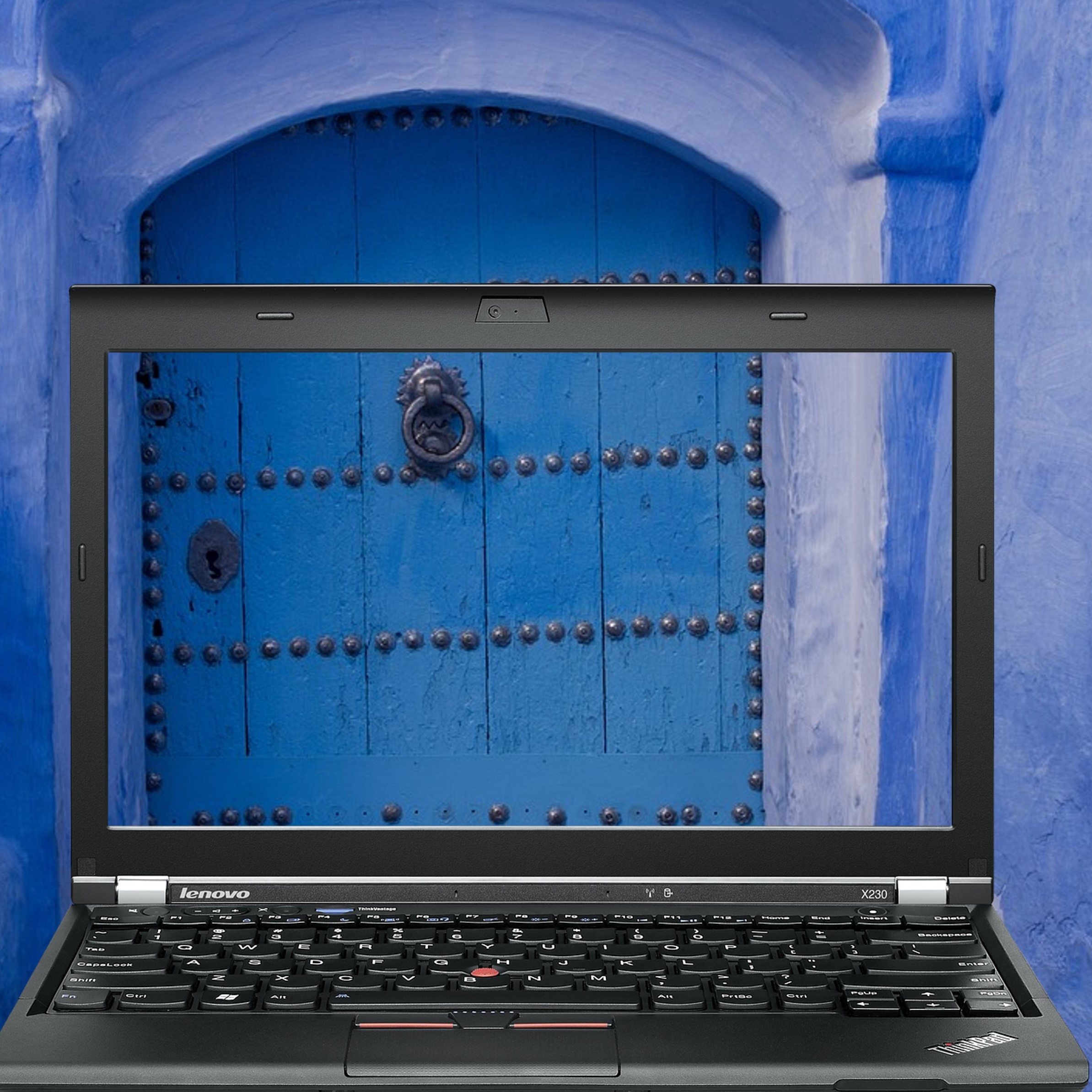 Bild mit einem Tor und einem Notebook davor.