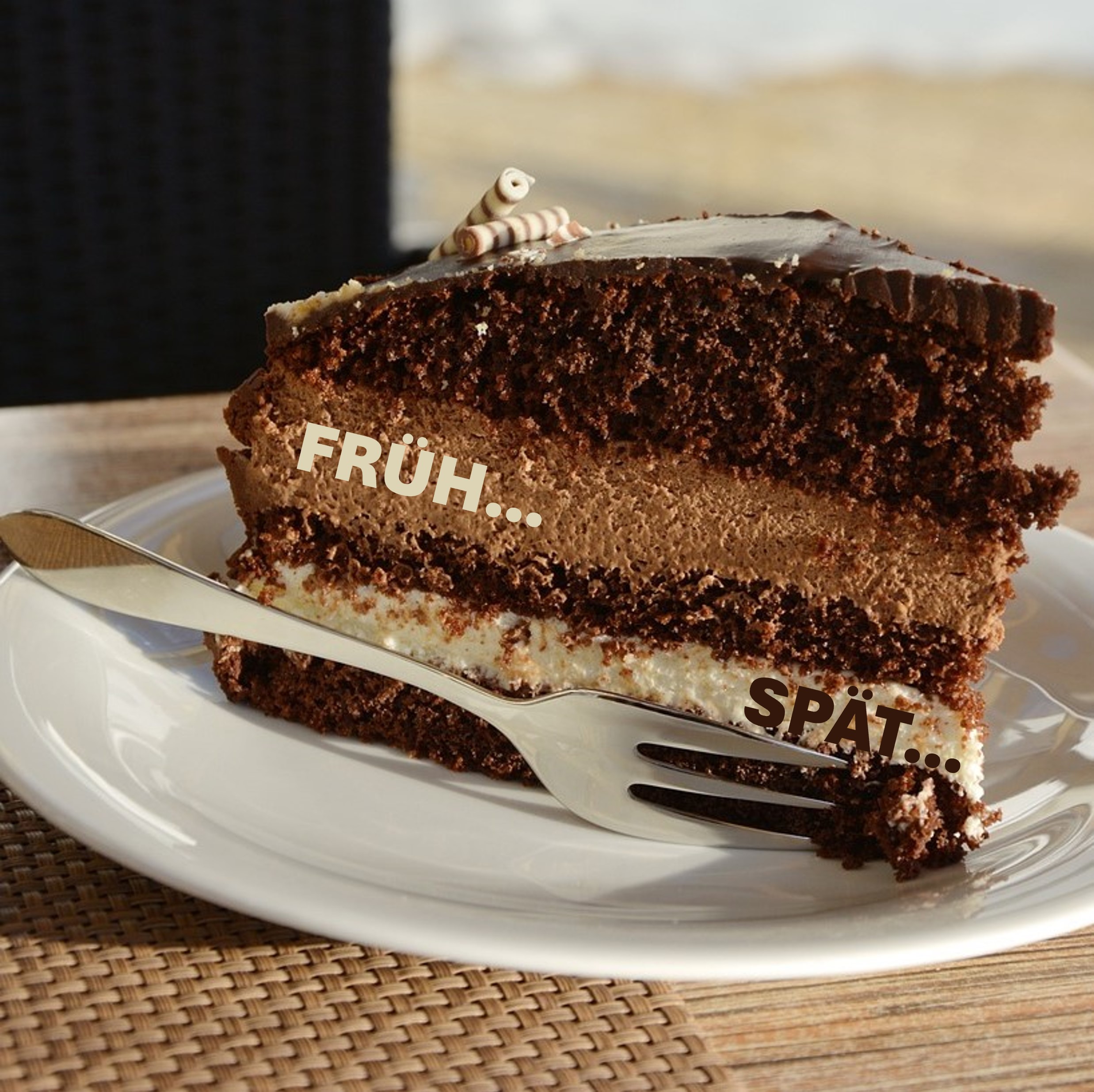 Bild mit einer Torte, Kuchengabel und Teller. Dazu die zwei Wörter Früh... und Spät...
