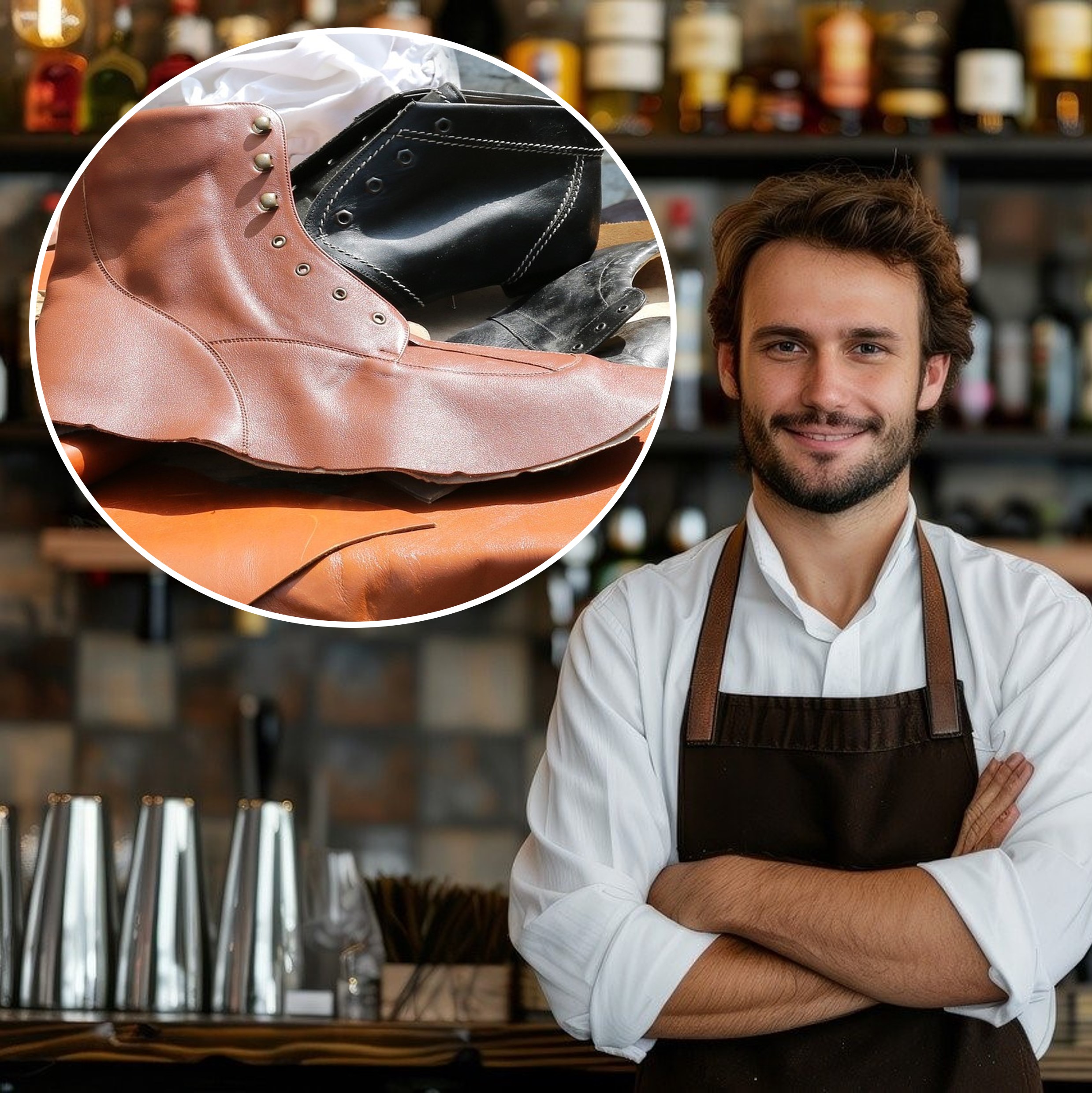 Bild mit einem Mann vor einer Bar und einen Oberteil eines Schuhs