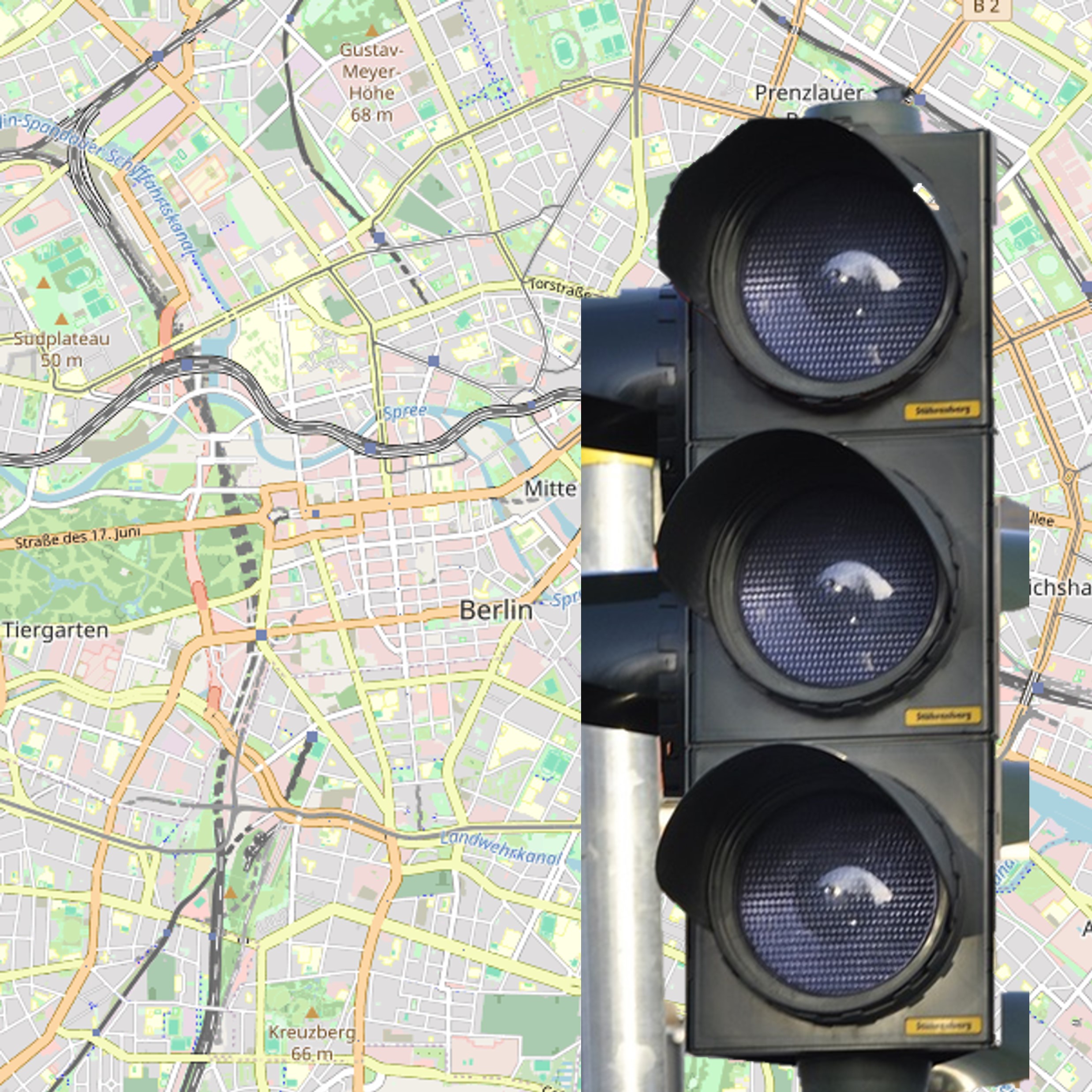 Bild mit einer Verkehrsregelungsanlage und einem Stadtplan iim Hintergrund