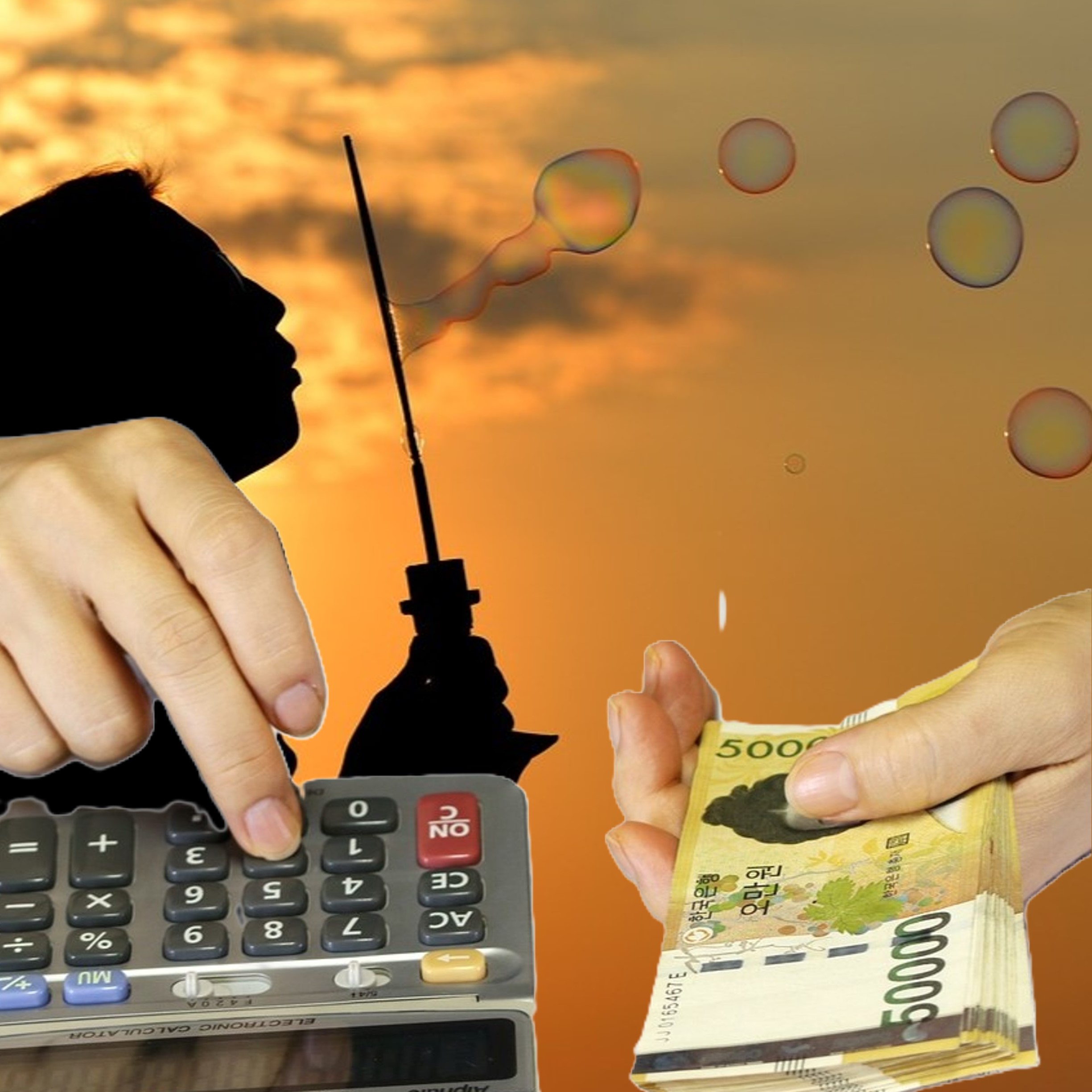  Taschenrechner, Geldscheinen und Seifenblasen im Hintergrund