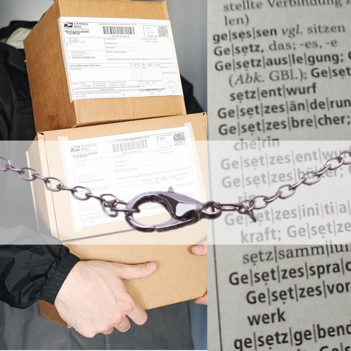 Collage mit Paketen, einer Halskette und einem Wörterbuch